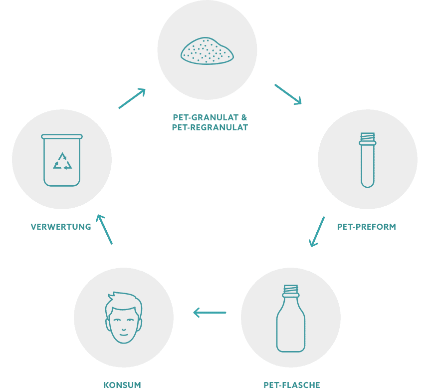 Der Kreislauf von PET-Flaschen, vom Granulat zur Flasche und zurück zum PET-Granulat.