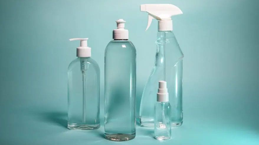PET-Flaschen mit Verschlüssen zum Befüllen von Kosmetik und Reinigungsmitteln.