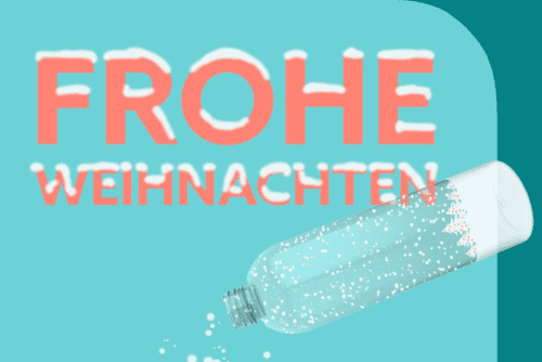 Schnee aus einer PET-Flasche mit Weihnachtsgrüßen der Firma EPROPLAST.